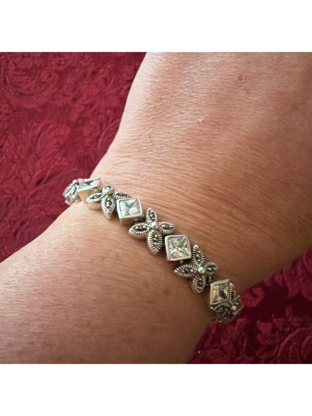 Vintage 925 Sterling Silver Marcasite CZ Tennis Bracelet Floral Link Box Clasp